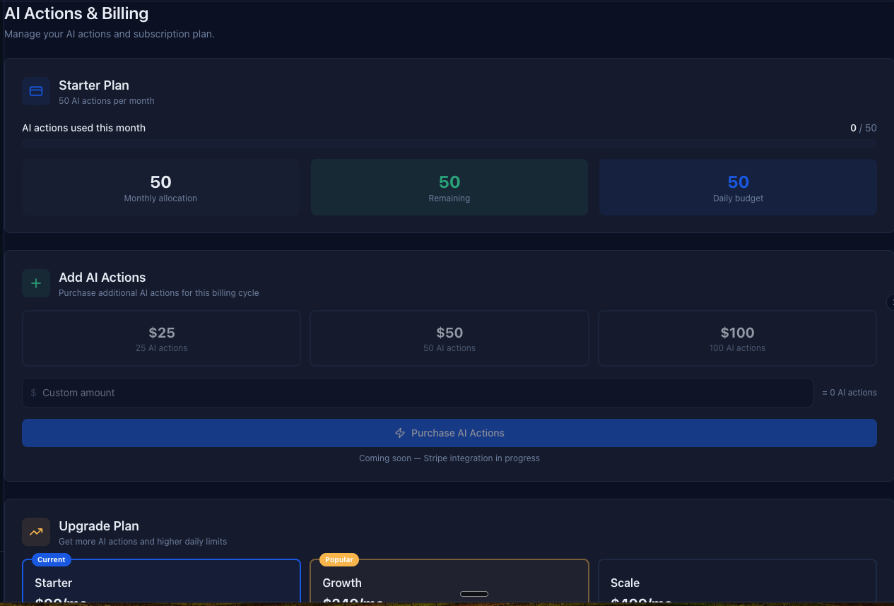 theKrew AI Actions & Billing screen